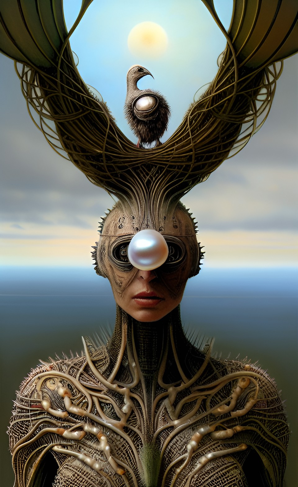 panorama, bird exploxion, oniric alien, artwork by h.r. giger & peter gric &roger dean & jean -baptiste monge & bernard frize, adorned pearls and jewels, cinematic composition $signature, watermark$ preview