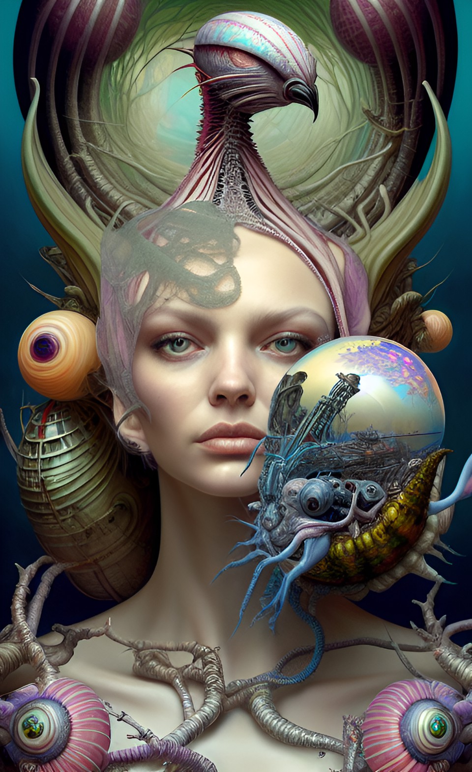 panorama, bird exploxion, oniric alien, artwork by h.r. giger & peter gric &roger dean & jean -baptiste monge & bernard frize, adorned pearls and jewels, cinematic composition $signature, watermark$ preview