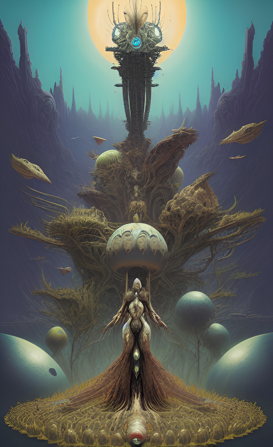 panorama, bird exploxion, oniric alien, artwork by h.r. giger & peter gric &roger dean & jean -baptiste monge & bernard frize, adorned pearls and jewels, cinematic composition $signature, watermark$ preview