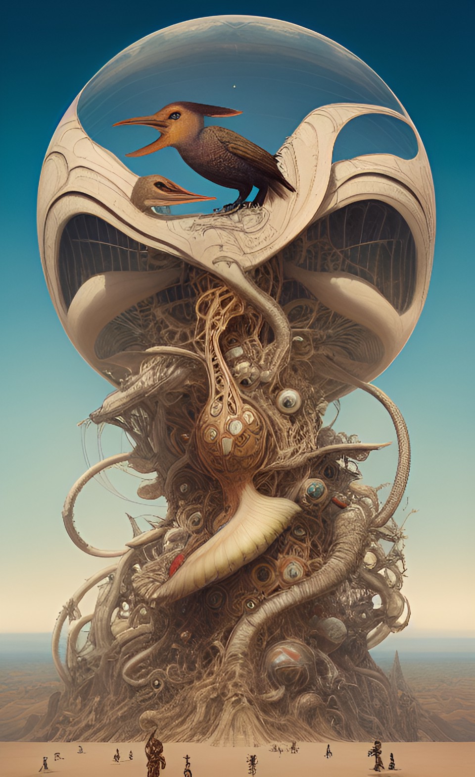 panorama, bird exploxion, oniric alien, artwork by h.r. giger & peter gric &roger dean & jean -baptiste monge & bernard frize, adorned pearls and jewels, cinematic composition $signature, watermark$ preview