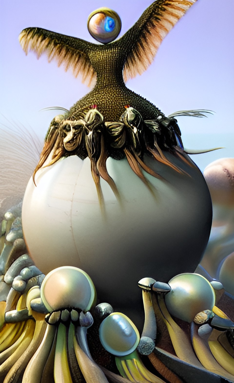 panorama, bird exploxion, oniric alien, artwork by h.r. giger & peter gric &roger dean & jean -baptiste monge & bernard frize, adorned pearls and jewels, cinematic composition $signature, watermark$ preview