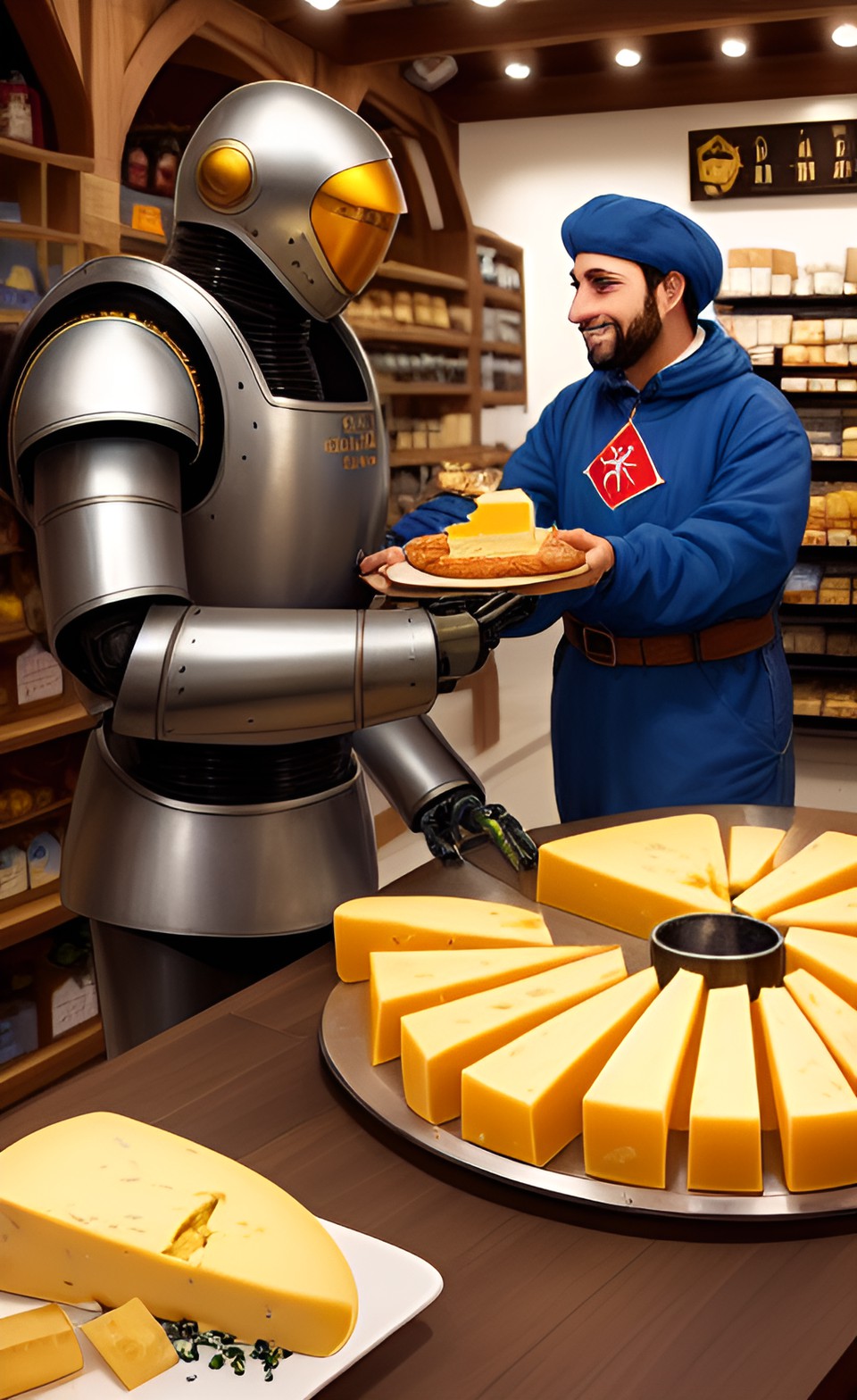 a bronze robot buys cheese from a medieval cheese merchant preview