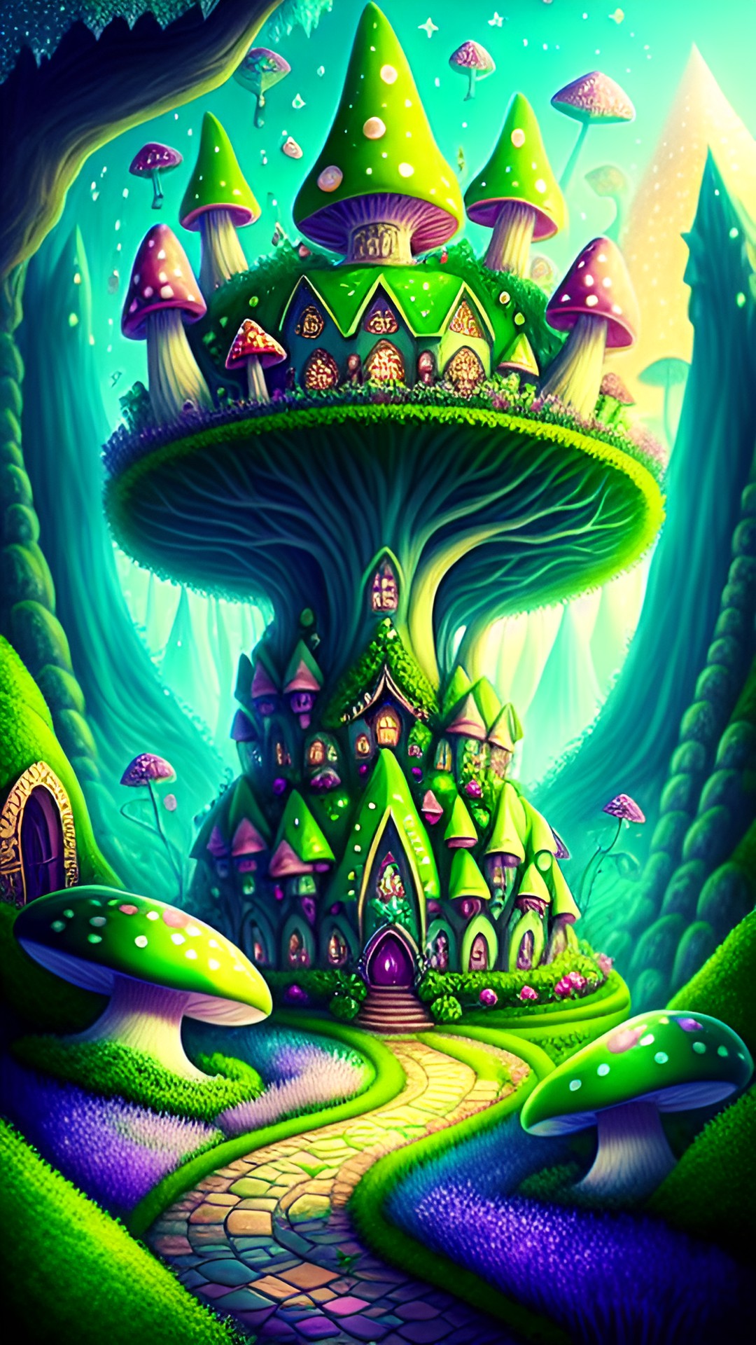 fairy land - a magical fairy land filled with towering mushroom homes, emerald green shrubs, and glittering fairy dust trails" preview