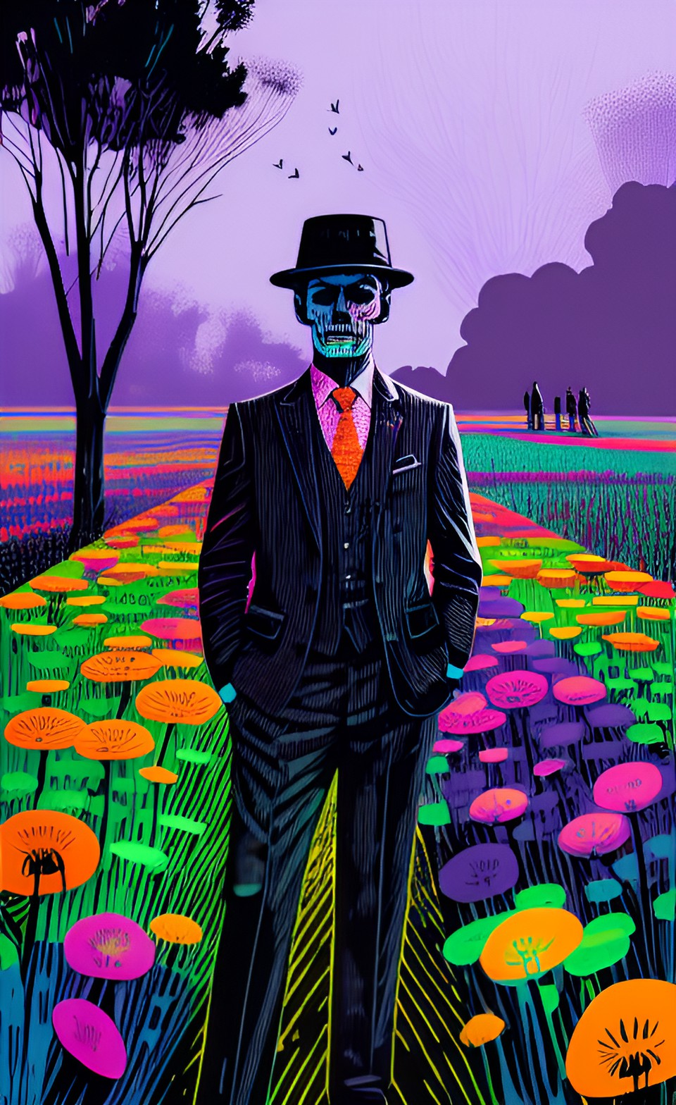 In the fields - spooky grayscale man in a business suit and a hat standing amid the colorful psychedelic flower field preview