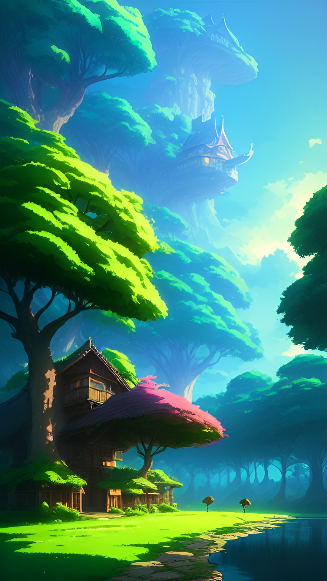 fantasy trees houses river animals preview