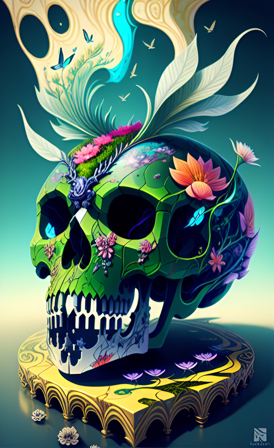 Human bird - bird skull with flowers and moss preview