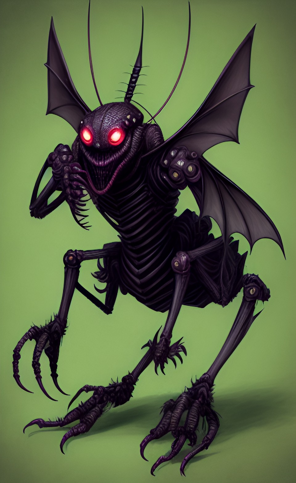 "mi-go",creature in lovecraft mythos ,exoskeleton, elliptical head with several antennae,clawed arms and legs allowing for both quadripedal and bipedal locomotion, and a pair of bat-like wings preview