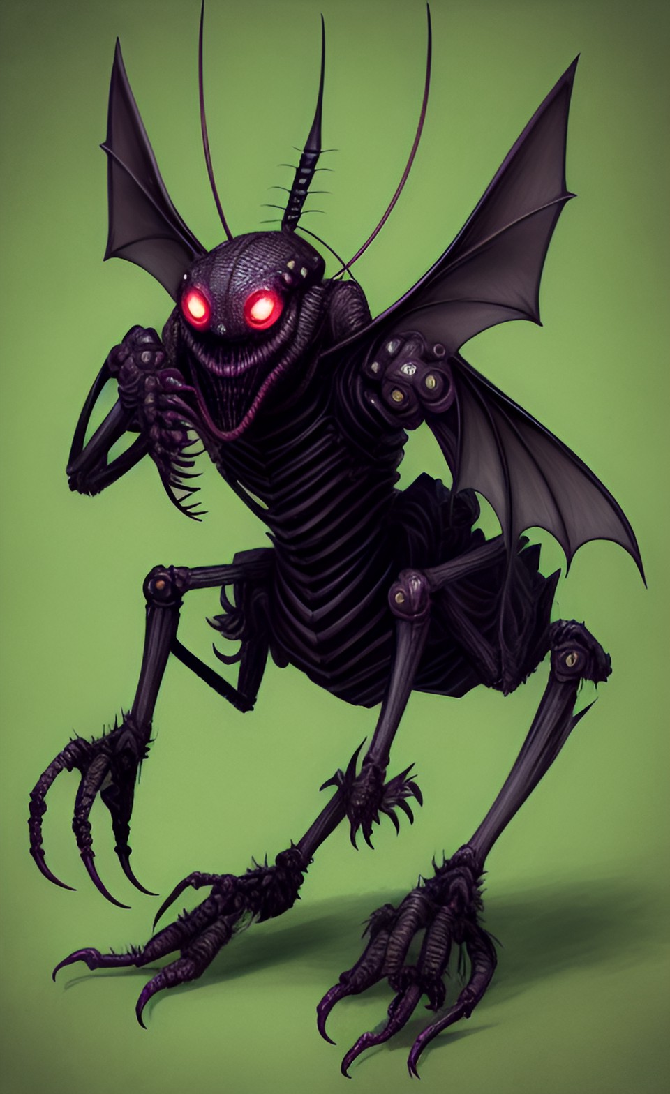 "mi-go",creature in lovecraft  mythos ,exoskeleton, elliptical head with several antennae,clawed arms and legs allowing for both quadripedal and bipedal locomotion, and a pair of bat-like wings preview