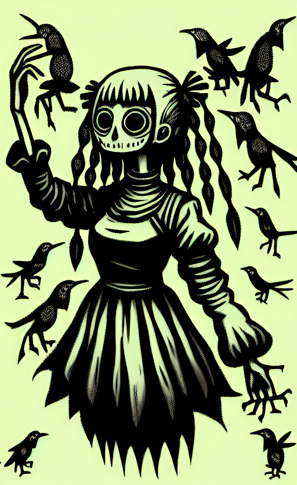 horror,  are cursed women with very long arms covered in tiny bird eyes. preview