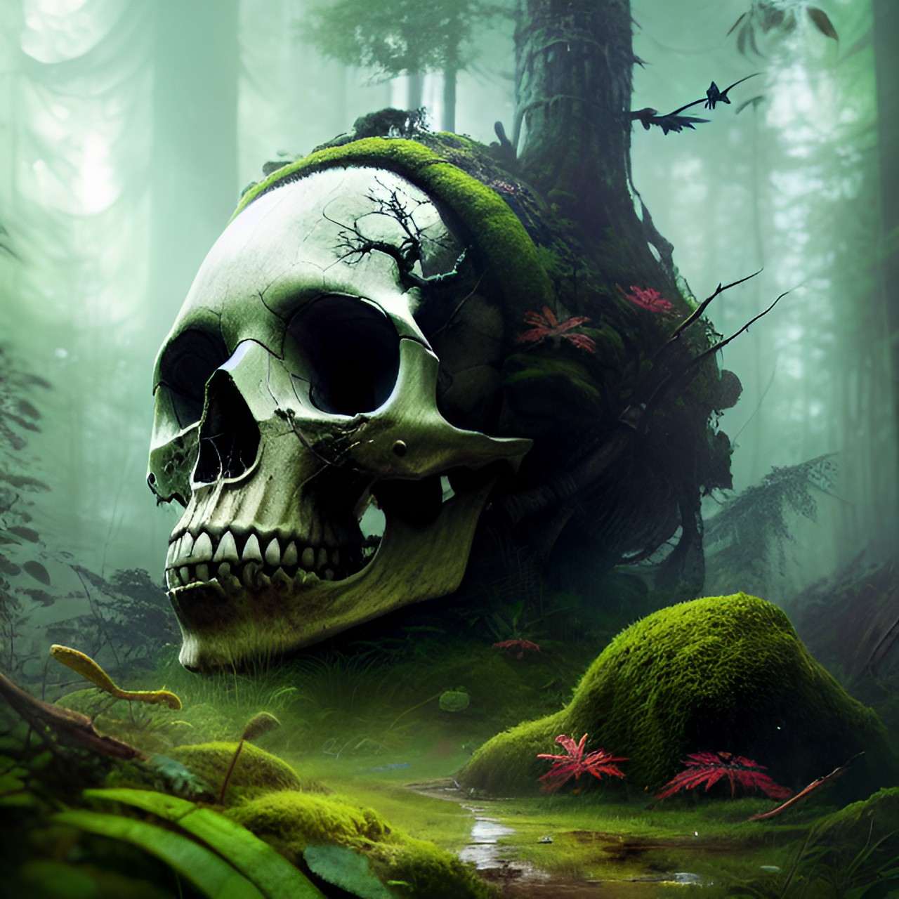 "giant skull embedded into the forest floor, moss growing on top of it, sun rays beaming down highlighting the skull, 8k, highly detailed" preview