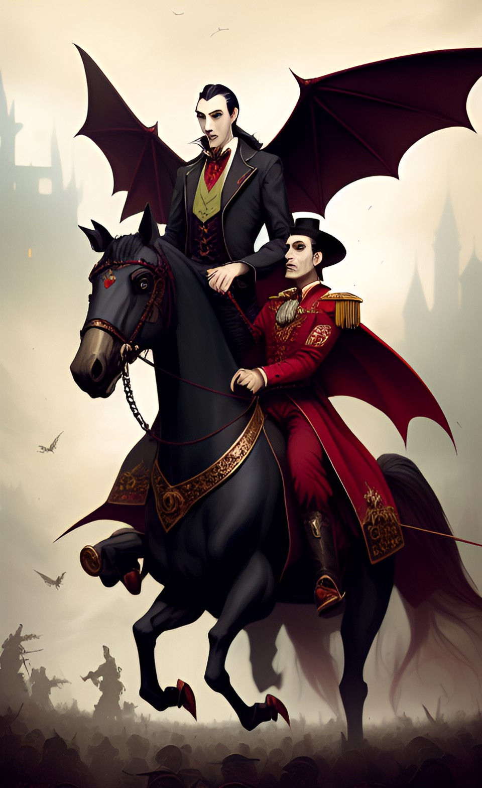 steampunk count dracula vlad with wings made of eyeballs tempes riding on a horse in transylvania the undead in an army preview