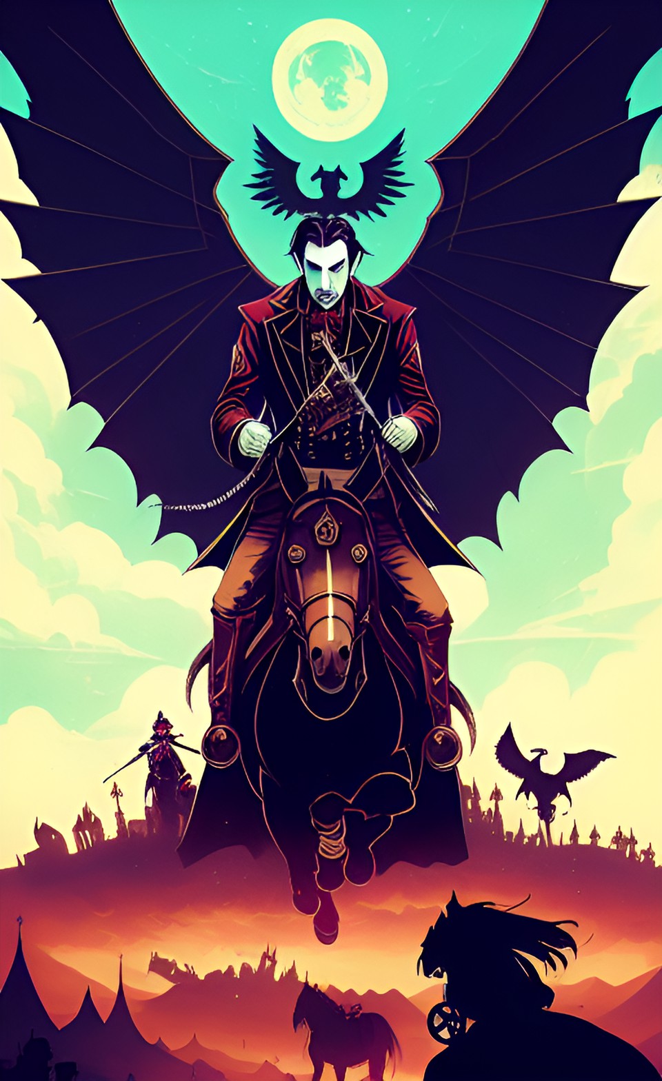 steampunk count dracula vlad with wings made of eyeballs tempes riding on a horse in transylvania the undead in an army preview