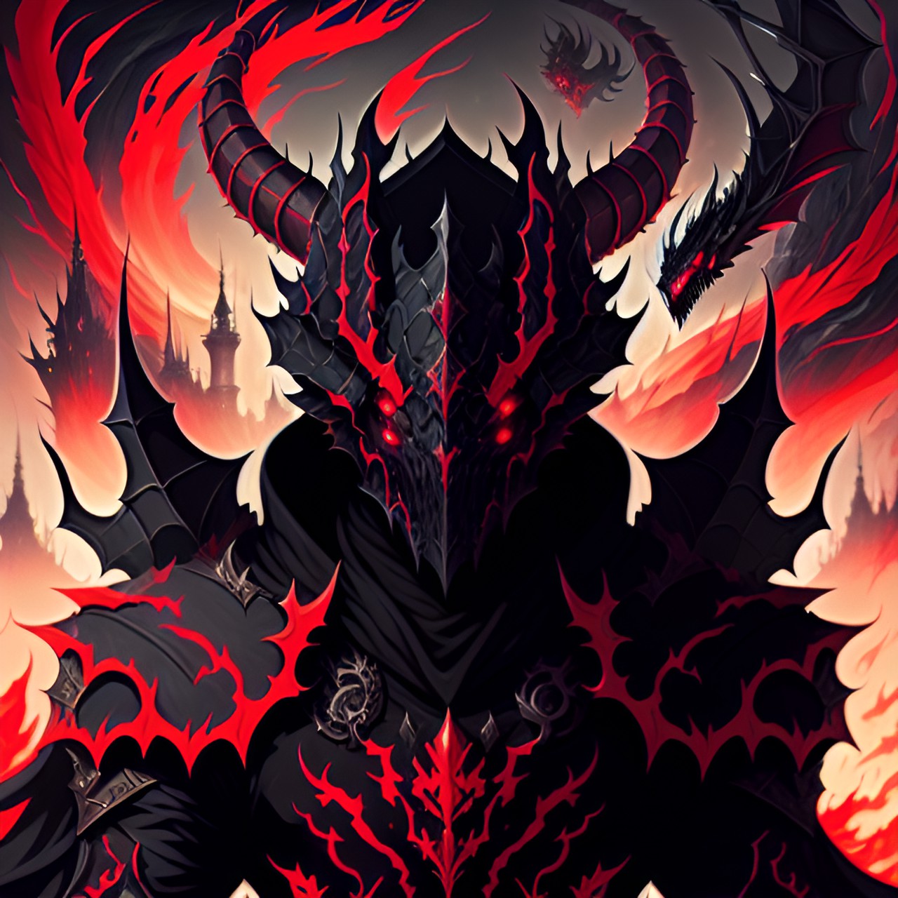 black and red corrupted dragon knight, lord of demonic dragons, crimson red fire eyes, lord of the void, demonic dragon knight commander armor, a demonic king’s castle and demonic monster army in background preview