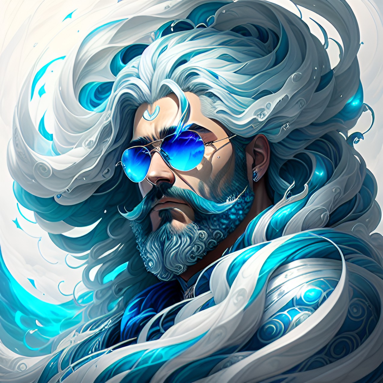 air god depicted with flowing robes in shades of blue and white, holding a staff that emits gusts of wind. his hair and beard swirl around him, and his eyes are a piercing silver. preview