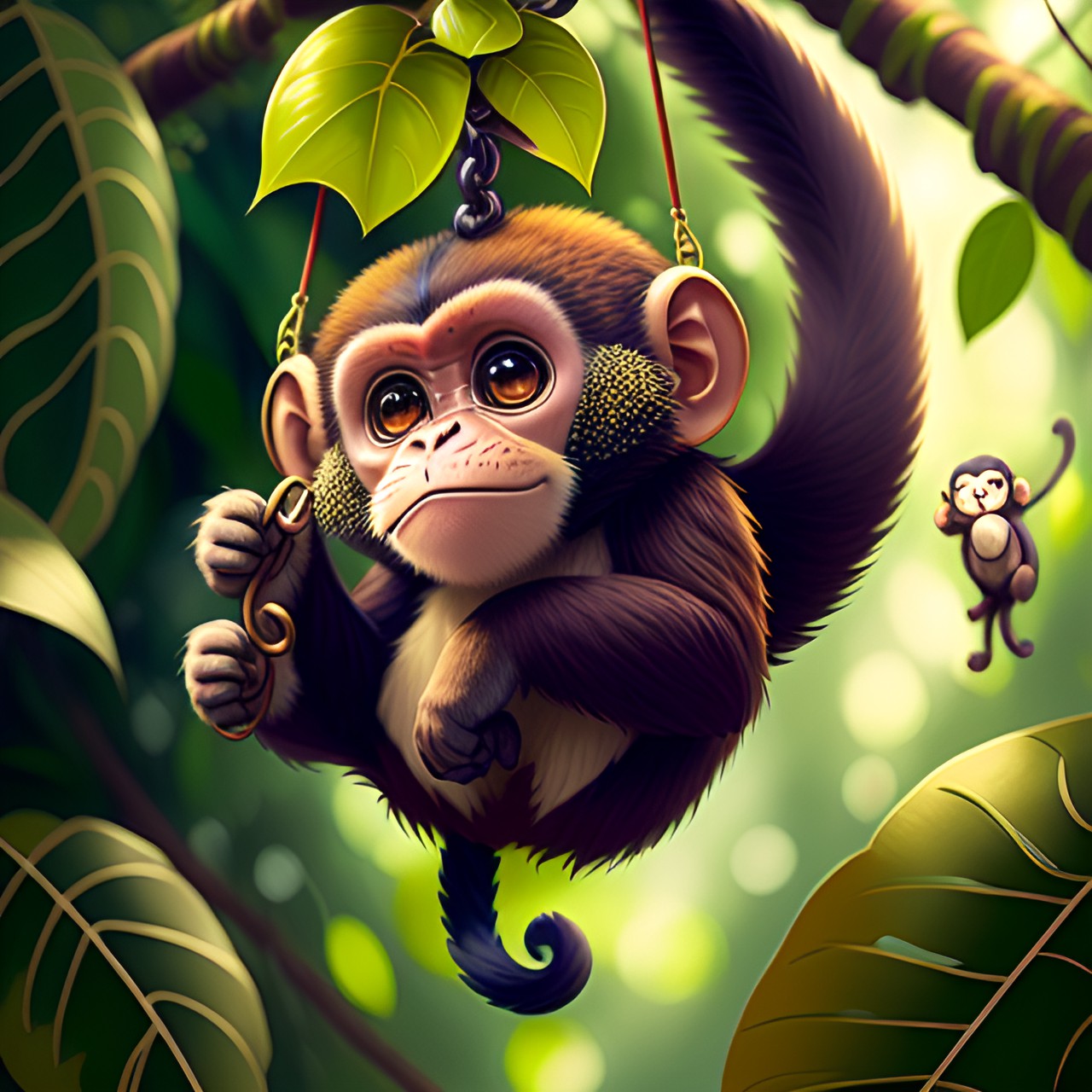 monkey swinging from vine to vine in a lush jungle. its fur is brown and its eyes are bright and curious. it pauses to groom itself before continuing on its way. preview