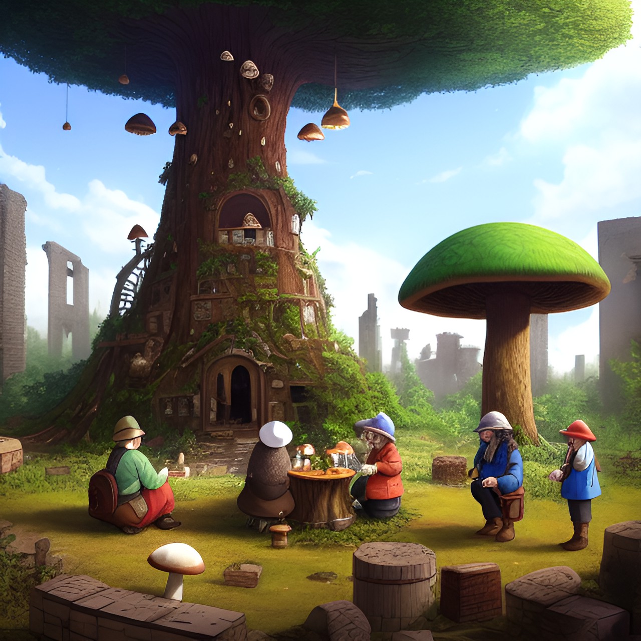 The Start in Ruins - mushroom people talking to an old taking tree with a beard - a group of friendly mushroom people gathered around a wise old tree with a long beard, exchanging stories and sharing laughter amidst the ruins of a civilization before preview