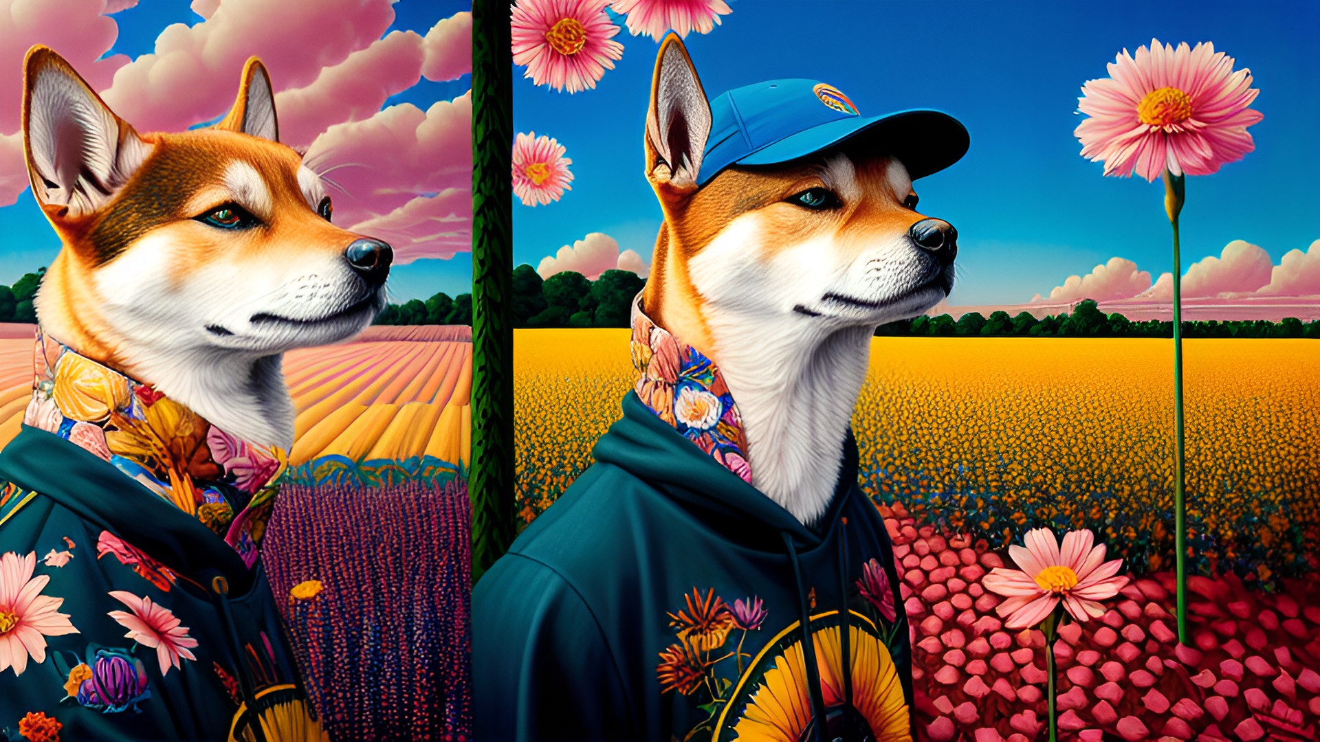 shiba human clothes portrait shoulders up in foreground close up, background flower field, sun rays preview