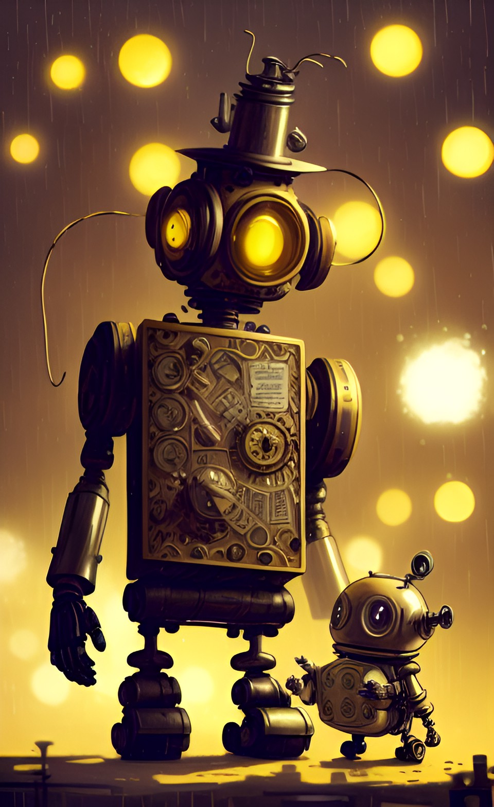 steampunk old cute robot playing with cute robot pet, film the white ribbon, hd, movie style, hyperrealistic,dim light,1914,high quality, warm light, bokeh, $red, green, blue white $, yellow lighting preview