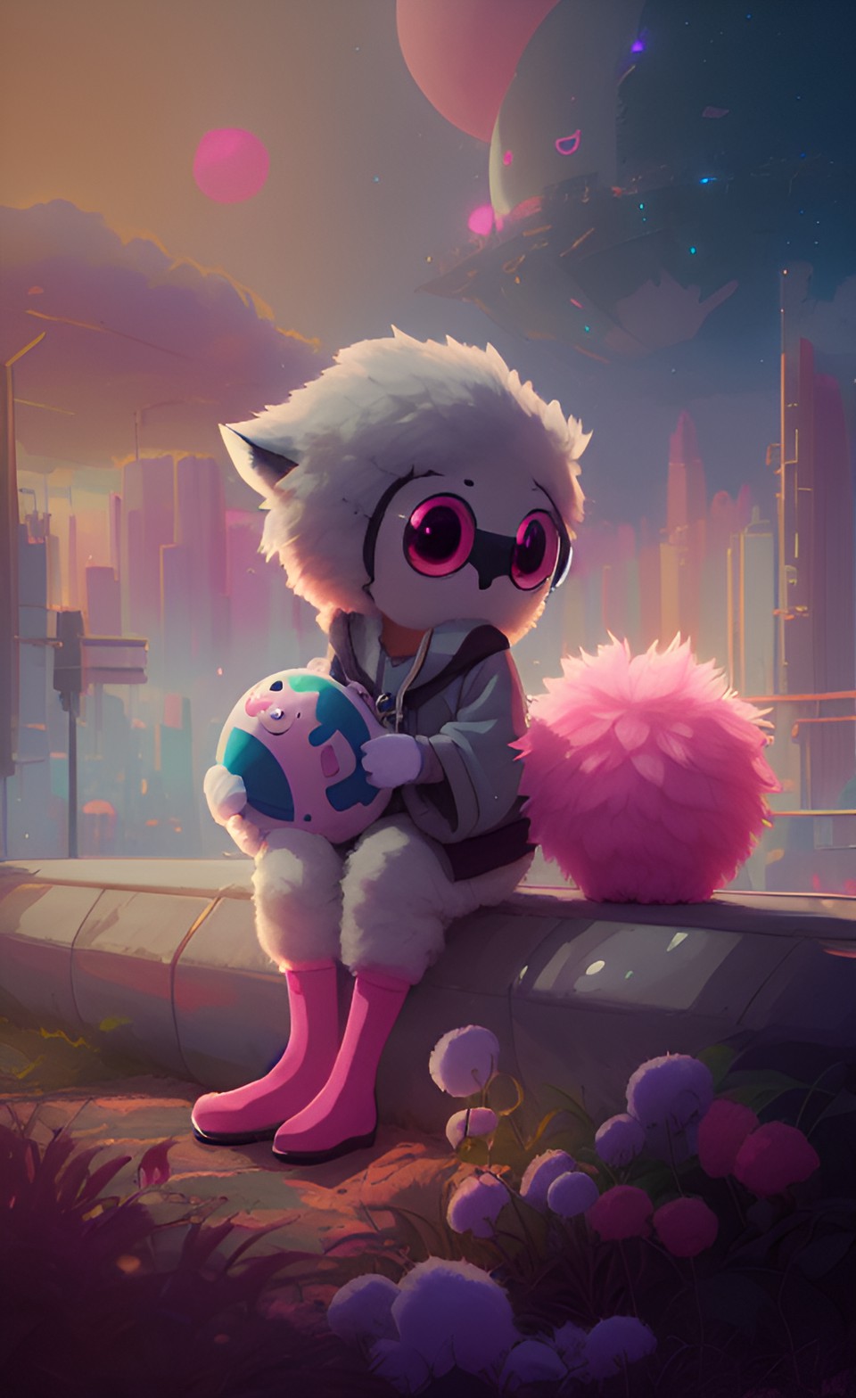 adorable fuzzy cuddly small alien creature examining a pink puffball preview