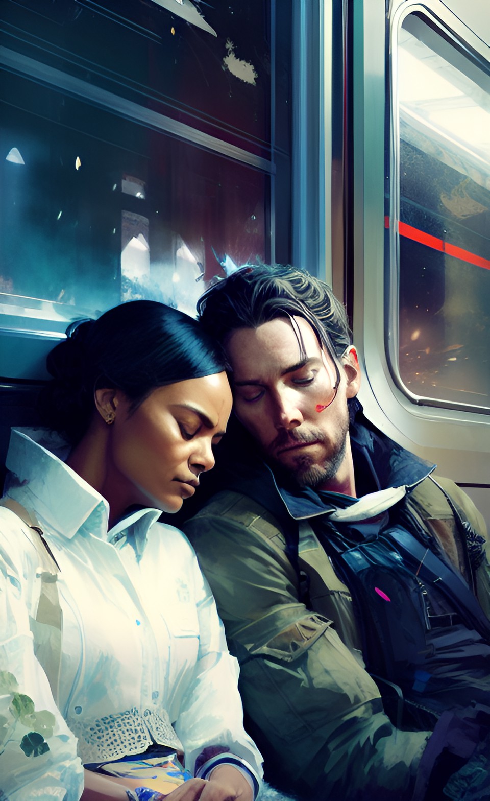 troy baker and liya kebede sleeping on a train, details preview