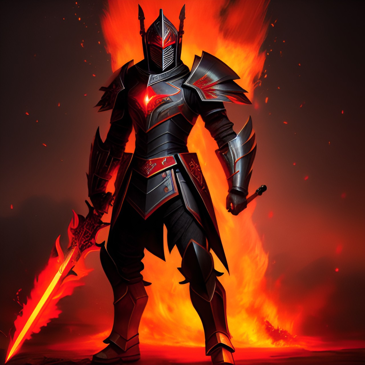becket destroyer of all wearing fire plated ember armor - becket, destroyer wearing ember armor plated with fire. his weapons glow with an ominous red hue, ready to unleash destruction upon all who comes in his way preview