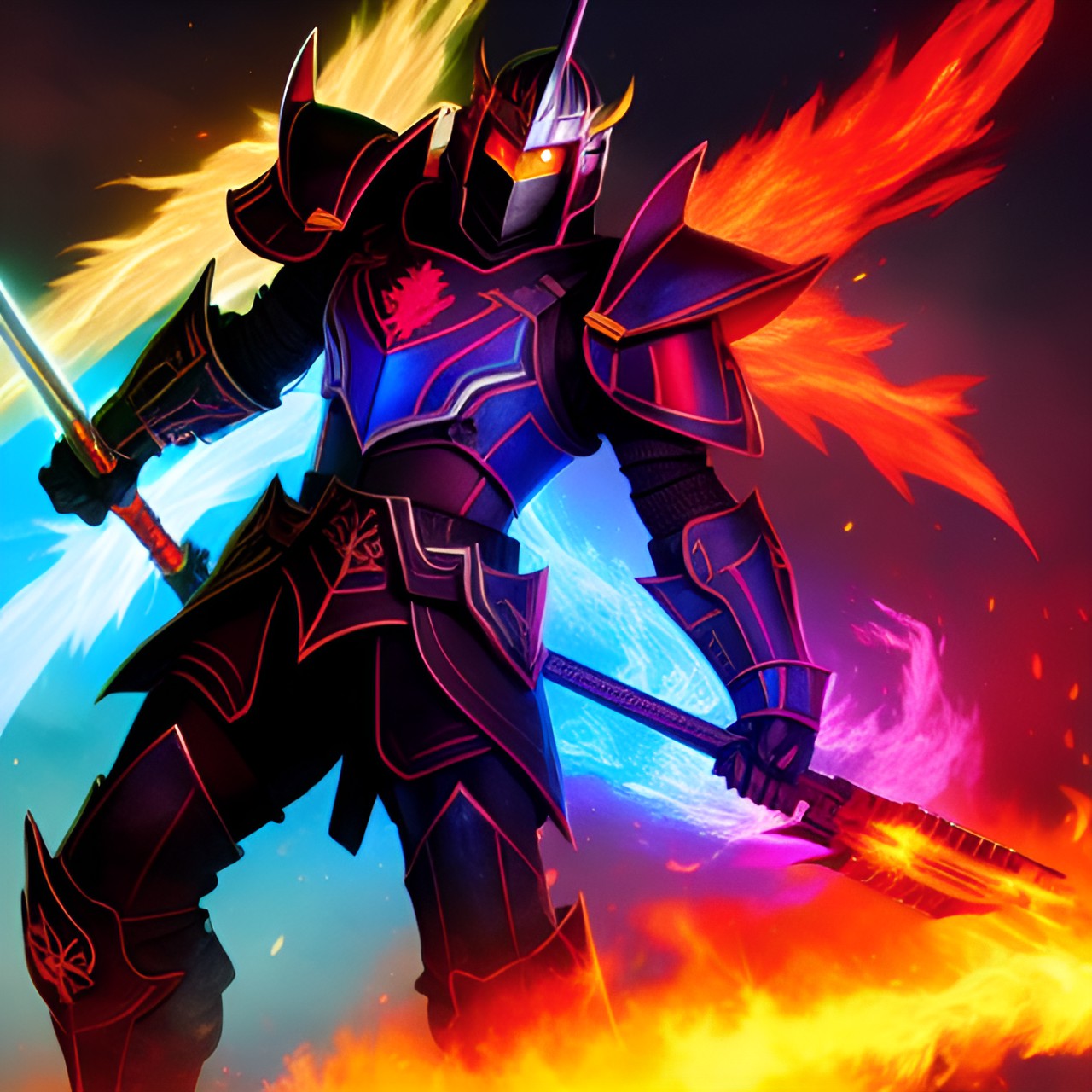 becket destroyer of all wearing rainbow plated ember armor - becket, destroyer wearing ember armor plated with fire. his weapons glow with an ominous red hue, ready to unleash destruction upon all who comes in his way preview
