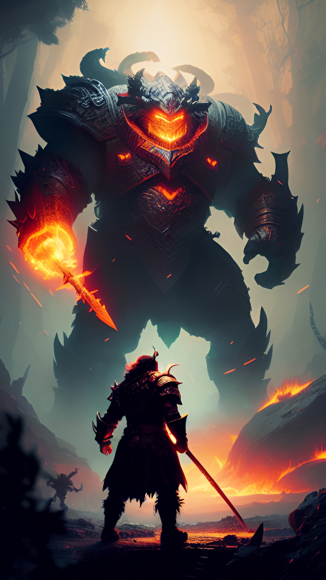 dwarf warrior fighting giant lava beast, low light, glowing axe preview