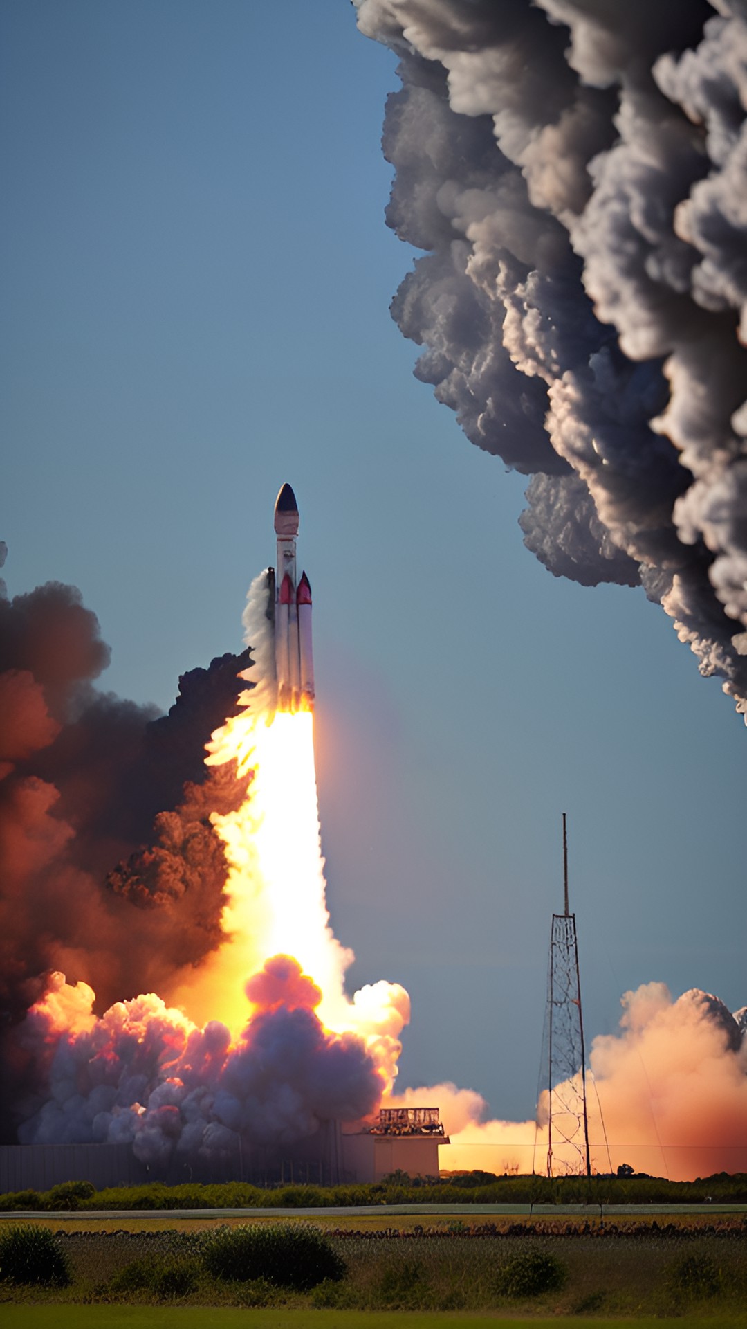 Rocketo - rocket launch into sky with smoke afterburner plume launch from on site at morning time hd picture preview