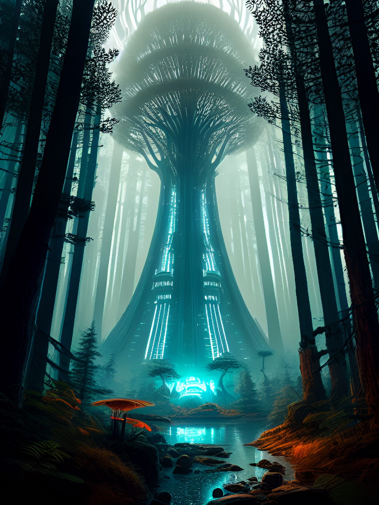 Not Earth - art deco styled cybernetic forest with glowing trees and wildlife. h.r. giger style tree. glowing creek preview