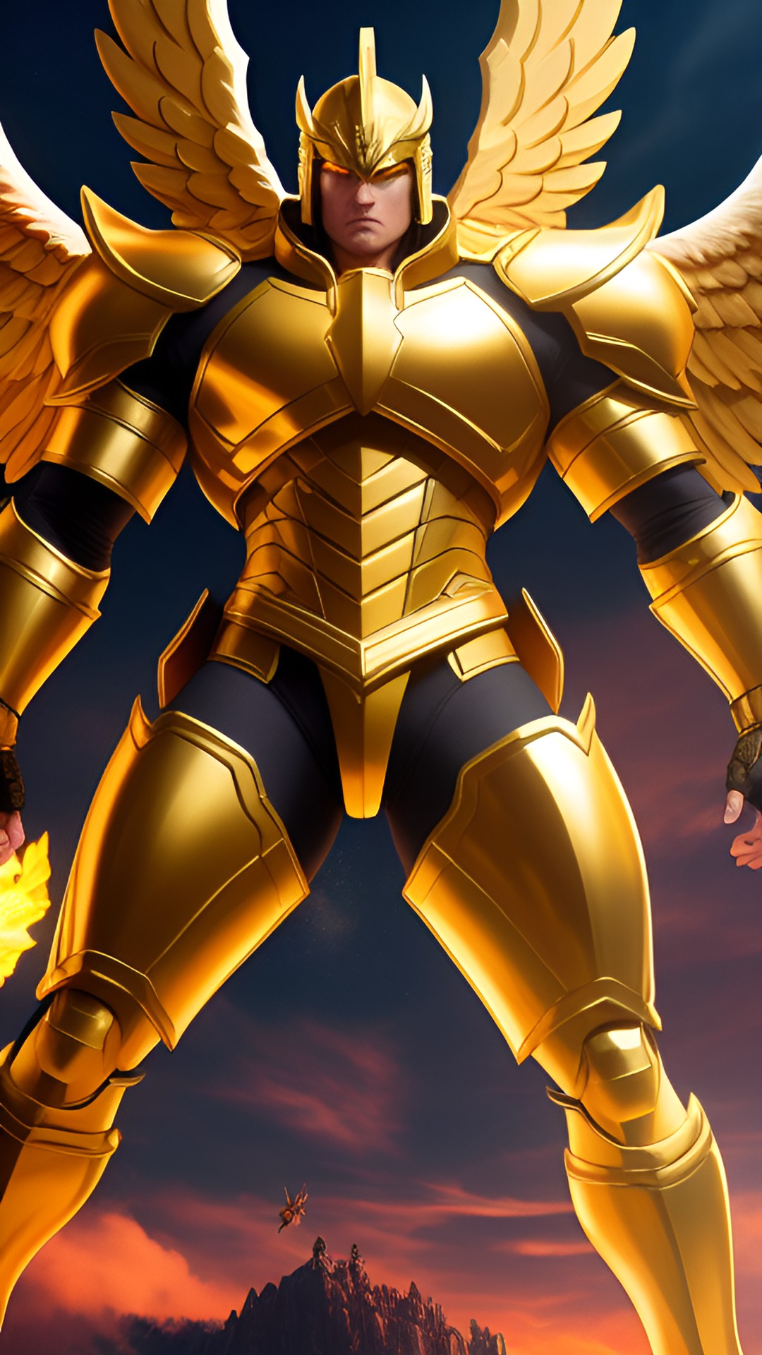 create a powerful and muscular angel, all in golden armor, defeating, a demon of darkness, in the cloud scenery full of realapagos realistic 8k image preview