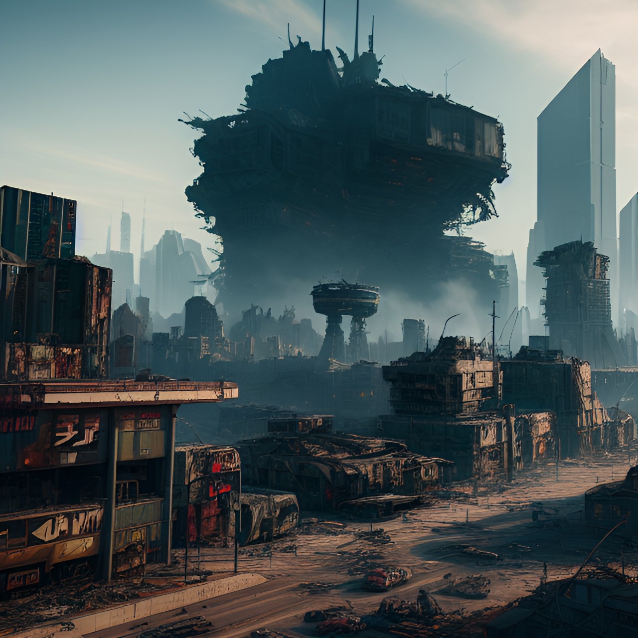 post apocalyptic scene, destroyed world, cyber punk, art deco buildings, lot of details, hd, 8k preview