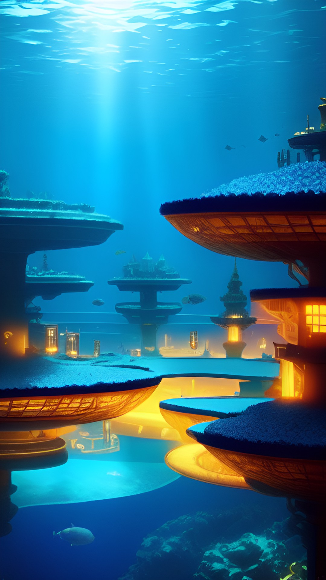 Lost world - mysterious blue ￼glowing underwater city with gold preview