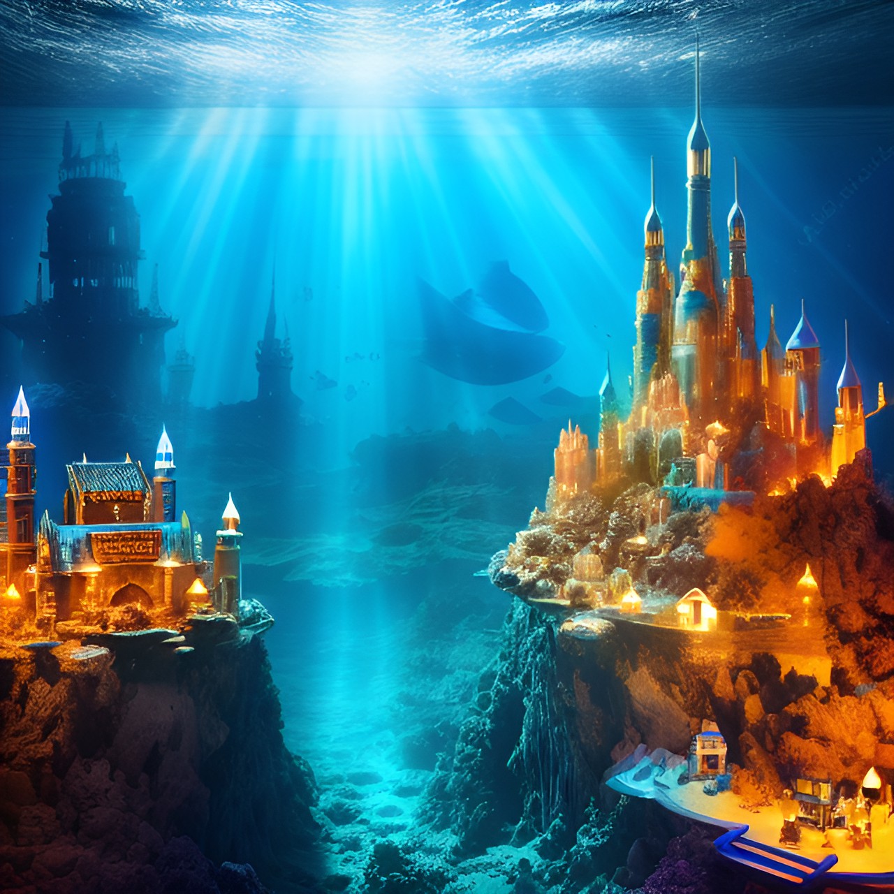 Hidden Queendom - mysterious blue ￼glowing underwater city with a few old towers with broken old golden pieces of wall ￼ preview