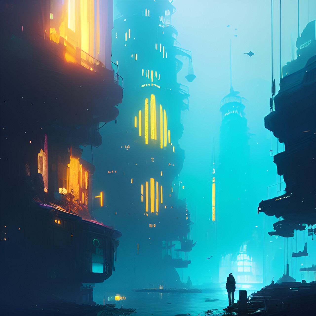 Monataa - mysterious blue ￼glowing underwater city with a few old towers with broken old golden pieces of wall ￼ preview