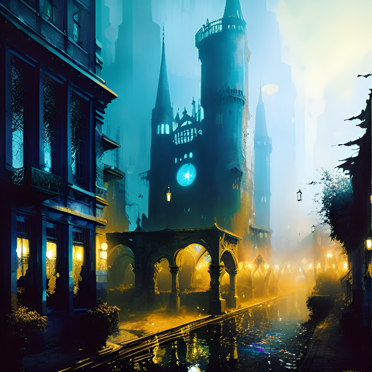 Abandoned City - mysterious blue ￼glowing underwater city with a few old towers with broken old golden pieces of wall, dark preview