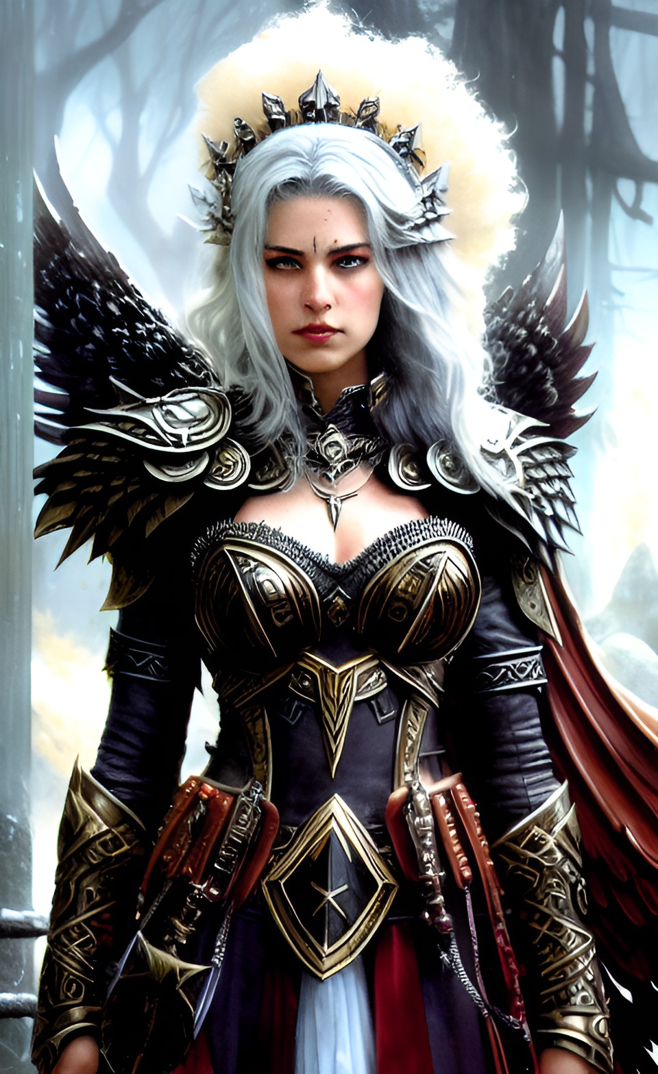 a woman . extremely detailed amazon valkyrie. dark armor. warhammer. white hair. warrior. preview