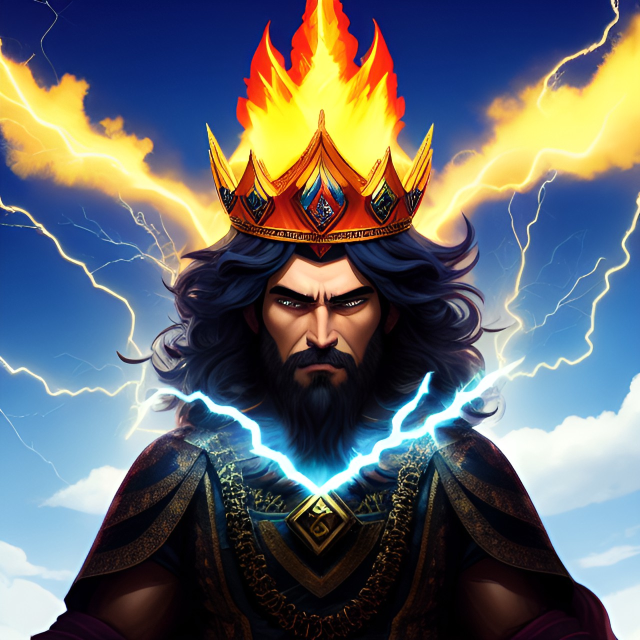 god of power, towering over mountains, with lightning bolts in his hands. he wears a fierce expression and a crown of fire on his head. preview