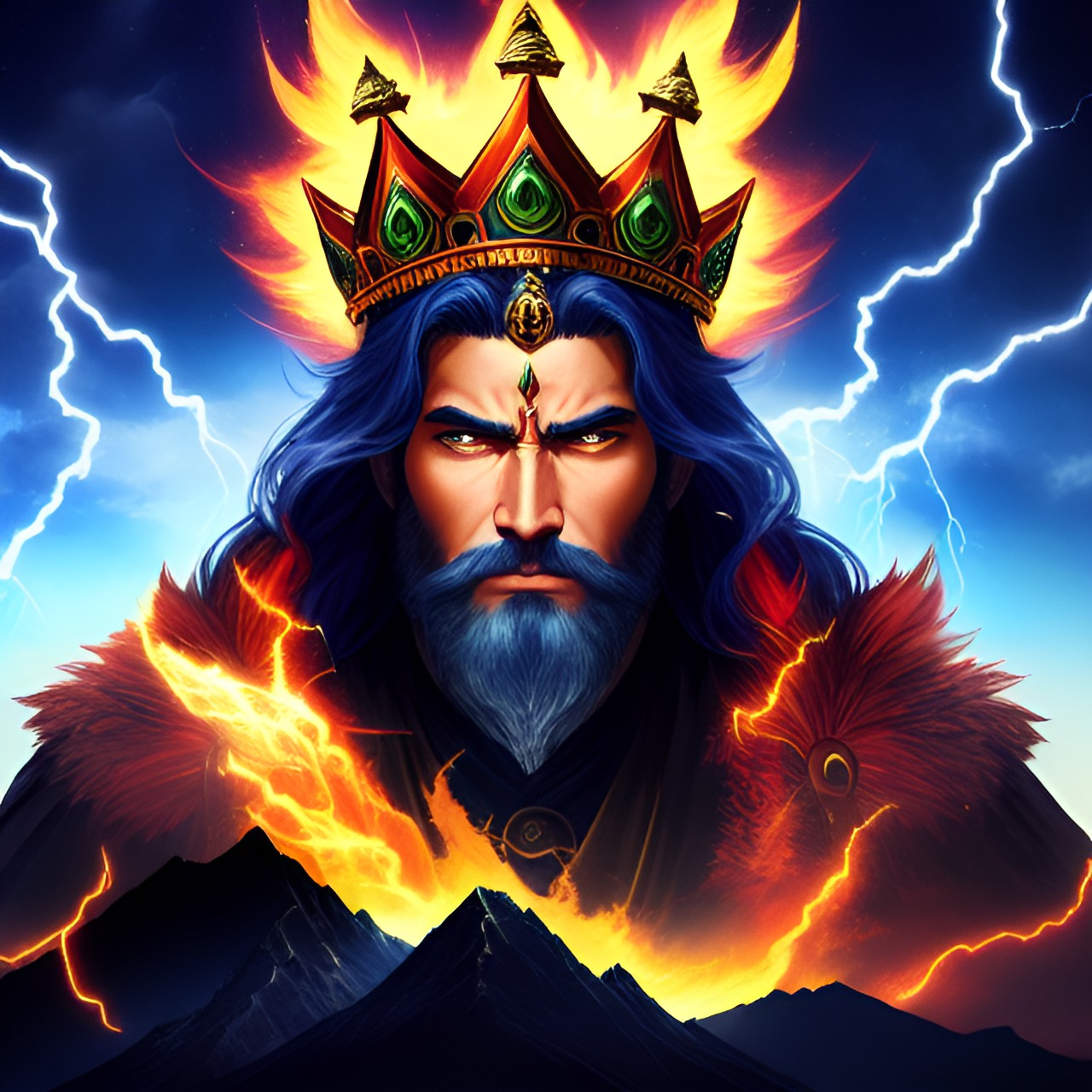 god of power, towering over mountains, with lightning bolts in his hands. he wears a fierce expression and a crown of fire on his head. preview