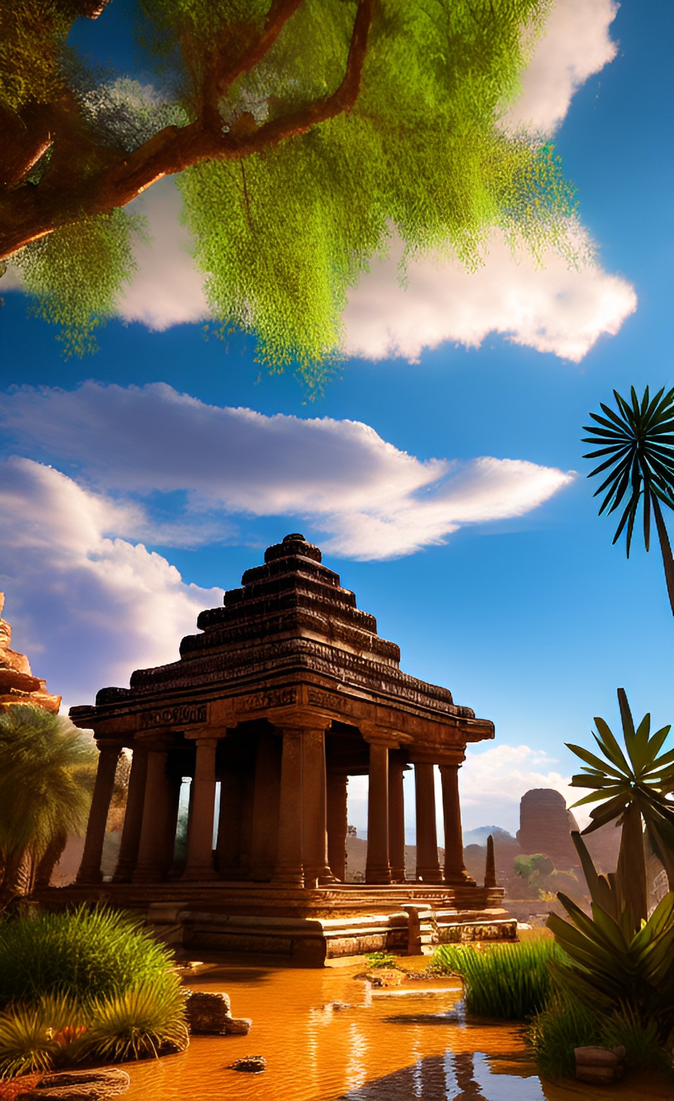 ancient jungle temple, desert oasis, sunny day, clouds, raindrops, high detail, ultra realistic, 4k preview