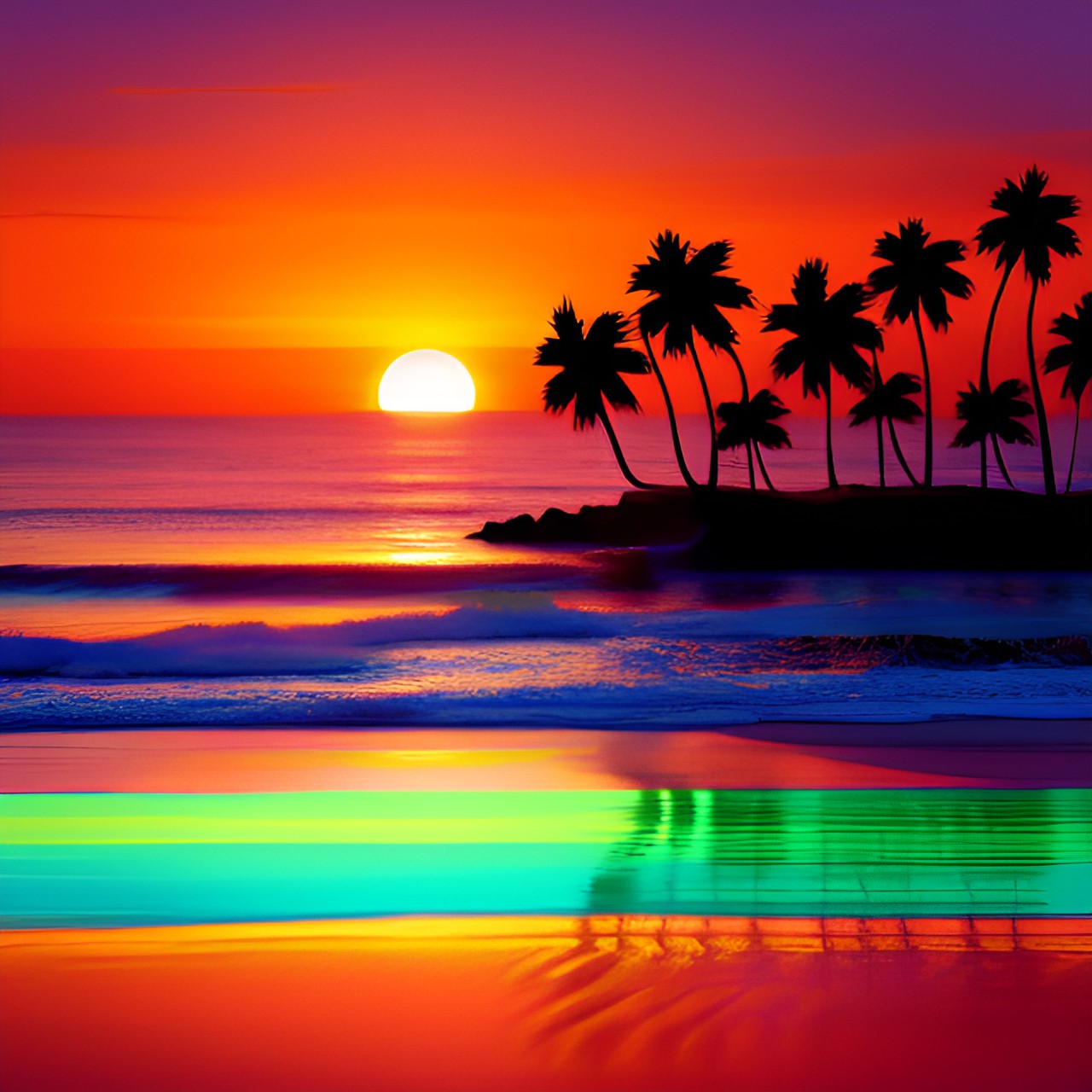 pretty sunset with warm orange and pink hues. silhouettes of palm trees dot the horizon while waves softly crash on the beach. calm and serene. preview