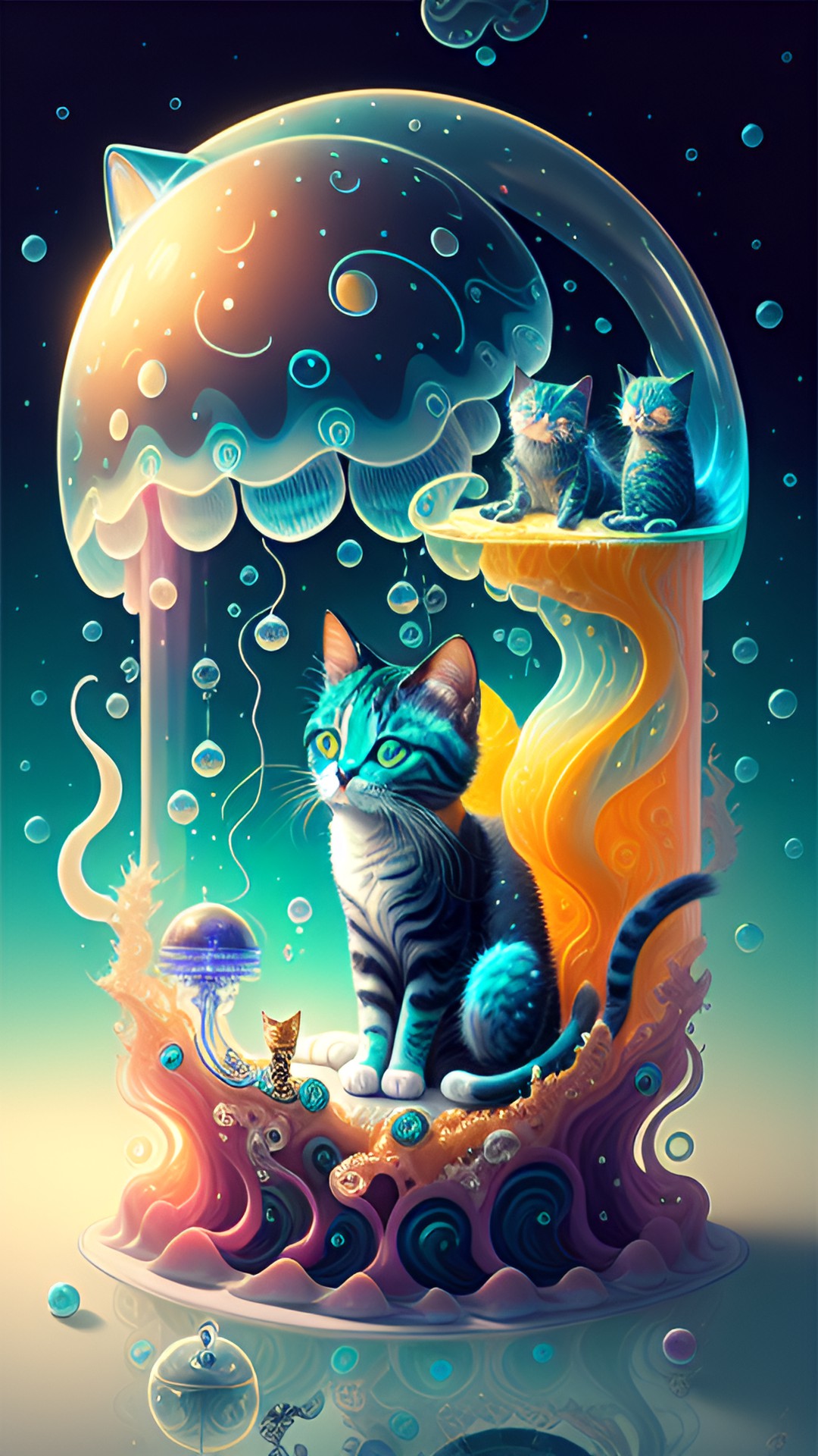 jellyfish and cat having a boba, cute kitty sipping on boba while the jellyfish dances preview