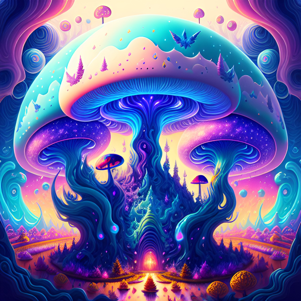 aliens dancing, mushroom field, unicorns preview