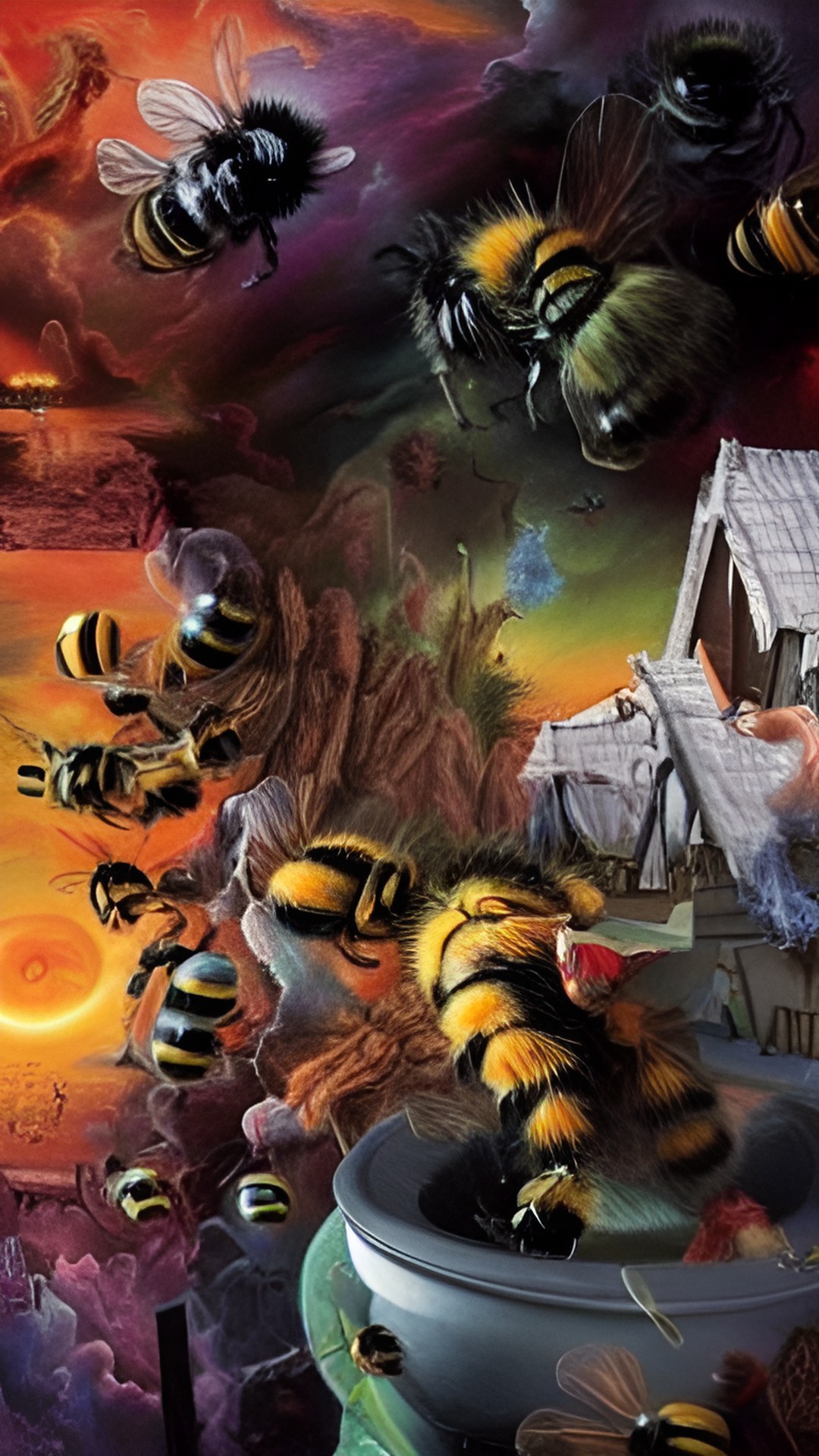 Giant Bees - giant monsterous bumble bees from hell stinging my head, lsd hallucinations,  trippy, high dynamic range,  color corrected,  surrealistic, by salvador dali preview