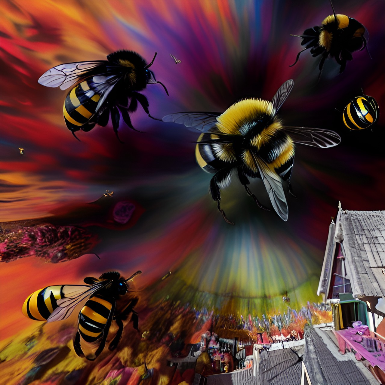 Giant Bees - giant monsterous bumble bees from hell stinging my head, lsd hallucinations,  trippy, high dynamic range,  color corrected,  surrealistic, by salvador dali preview