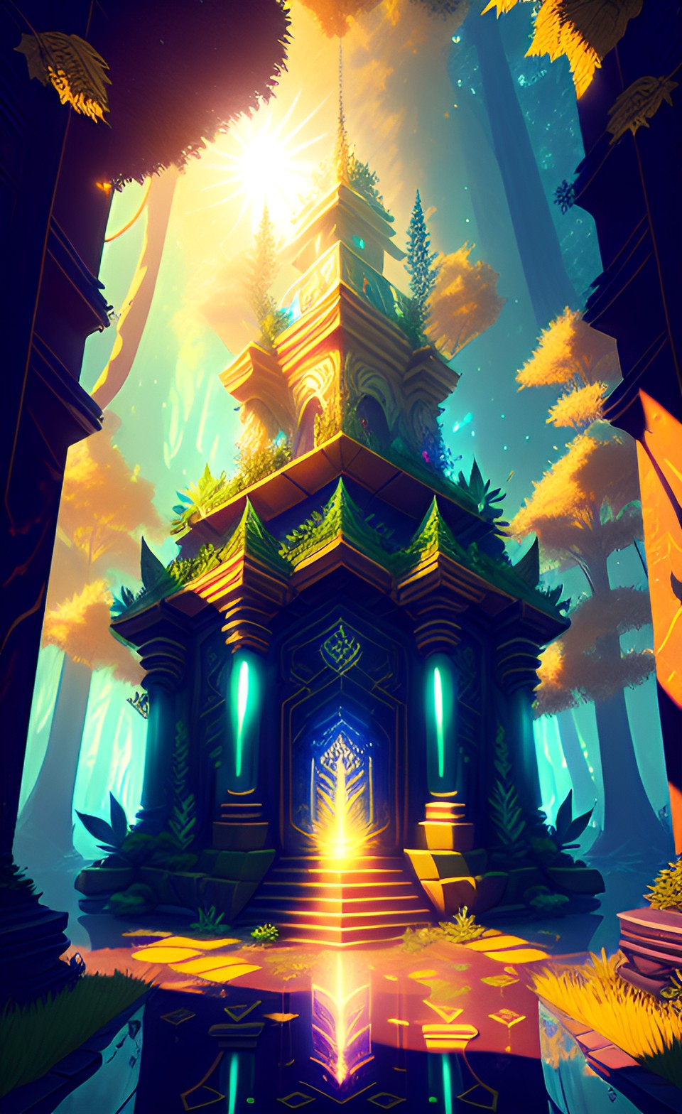 overgrown temple in an enchanted forest, light effects, unreal engine, extremely detailed, around golden hour, sun flare, particle effects, incredible focus, leaves falling, glow effects preview