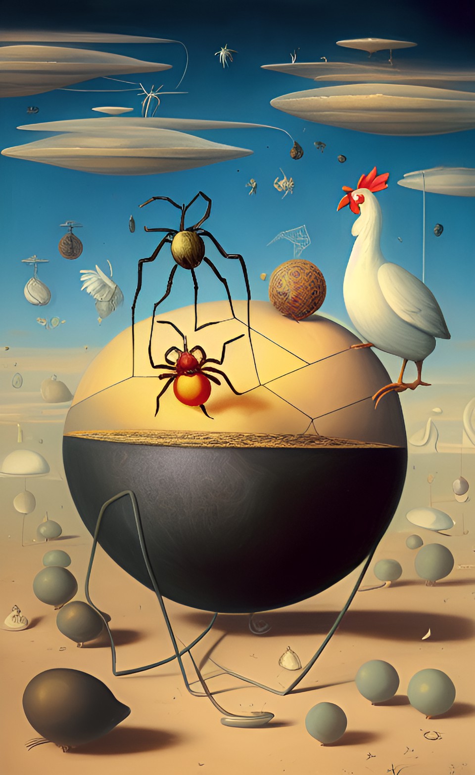 a surrealism image, include strange angles, images of bizarre spider, juxtapositions, unconsciousness as a valid reality, dream-like, hyperrealism,musical cacophony by kay sage🔬🐔🥚 preview