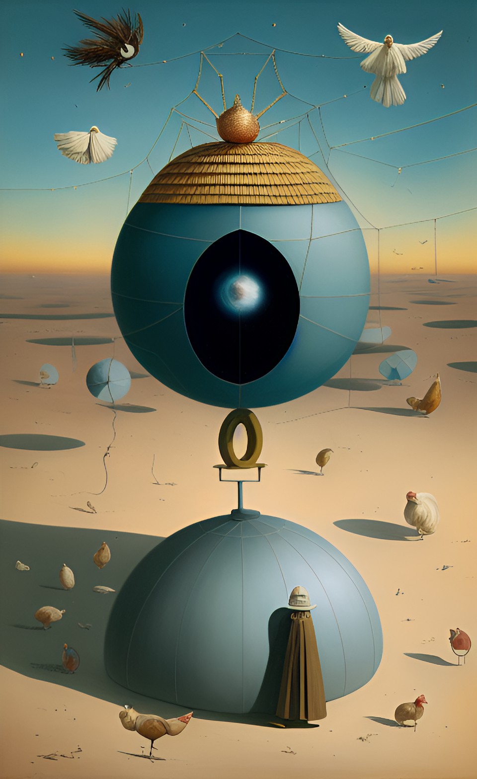 a surrealism image, include strange angles, images of bizarre spider, juxtapositions, unconsciousness as a valid reality, dream-like, hyperrealism,musical cacophony by kay sage🔬🐔🥚 preview