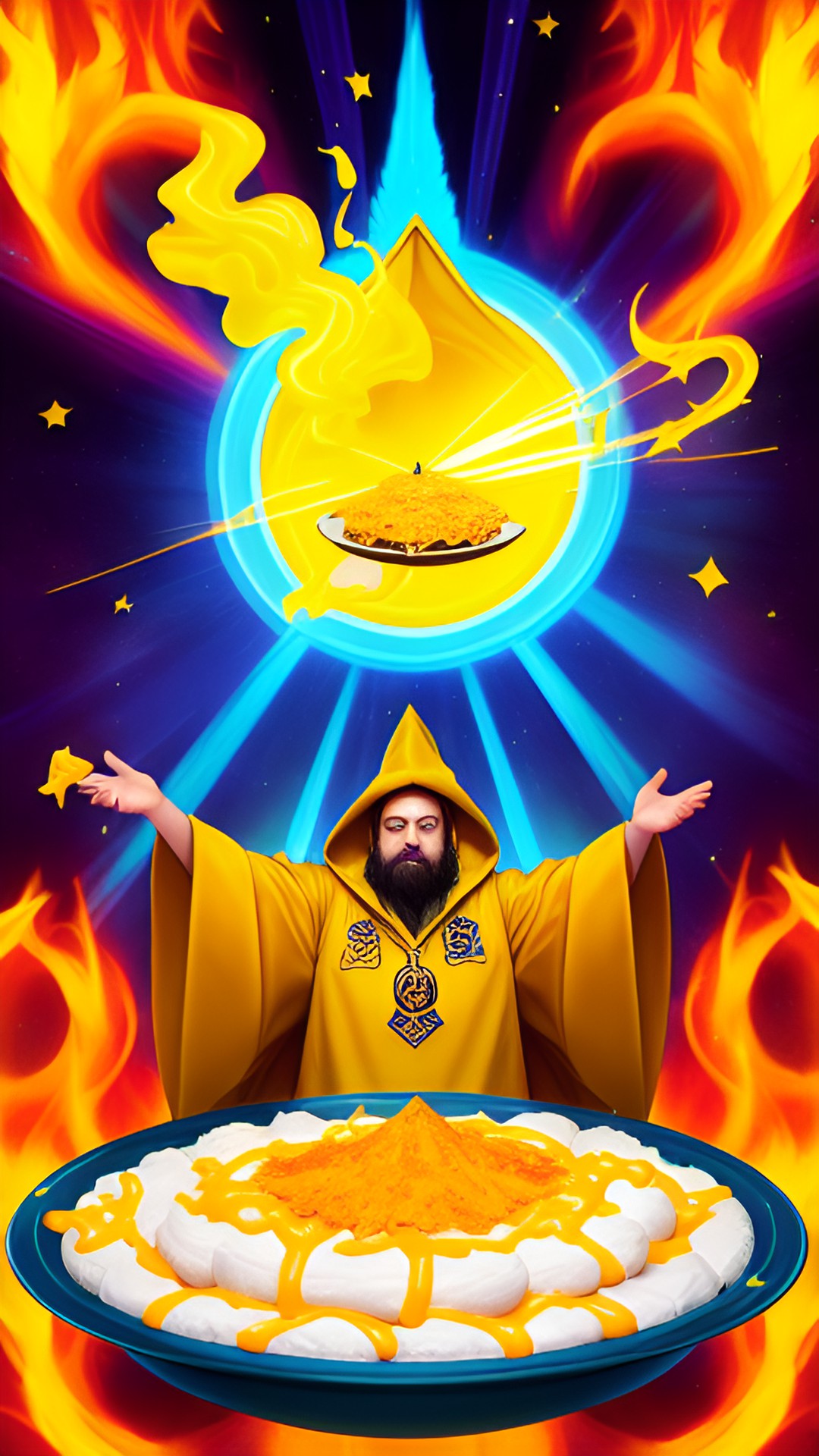 Nacho wizard - wizard in yellow robes casting a spell that shoots nacho cheese into the air preview