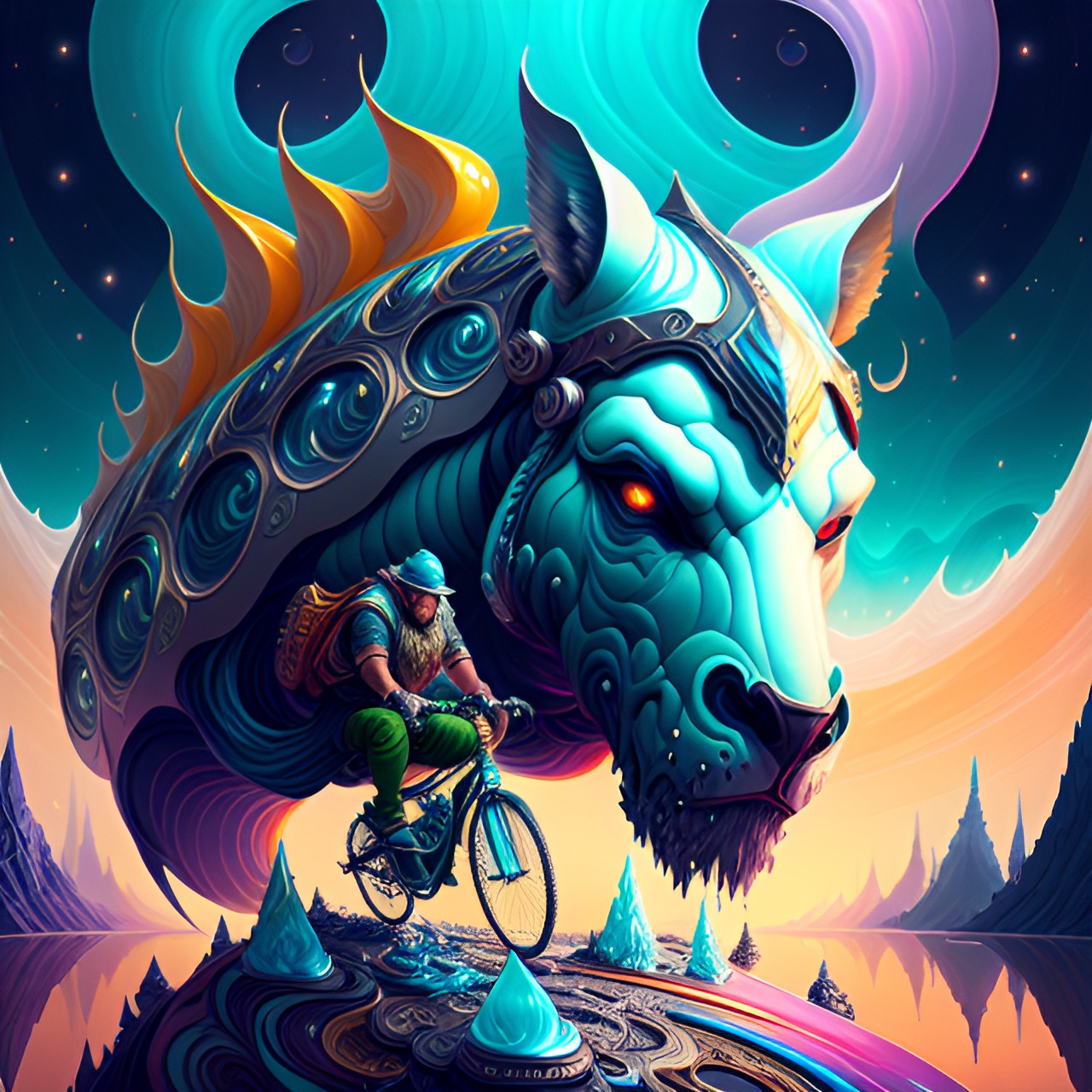 old strong man riding a futuristic bicycle, fantasy preview