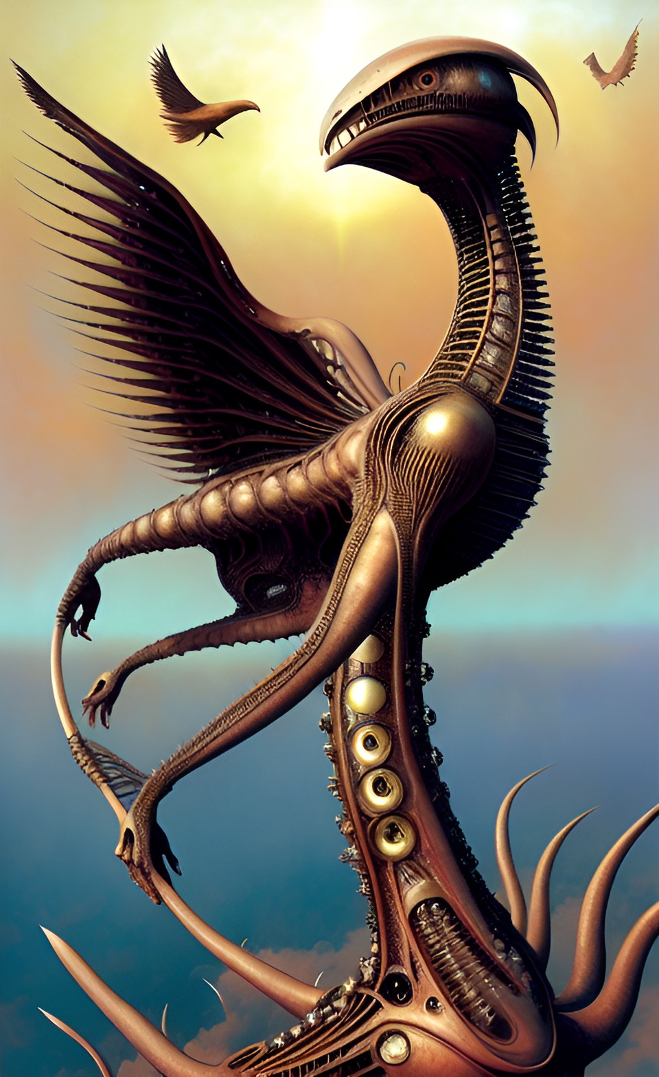 panorama, flaming birds, oniric alien, artwork by h.r. giger & peter gric &roger dean & jean -baptiste monge & bernard frize, adorned pearls and jewels, cinematic composition $signature, watermark$ preview